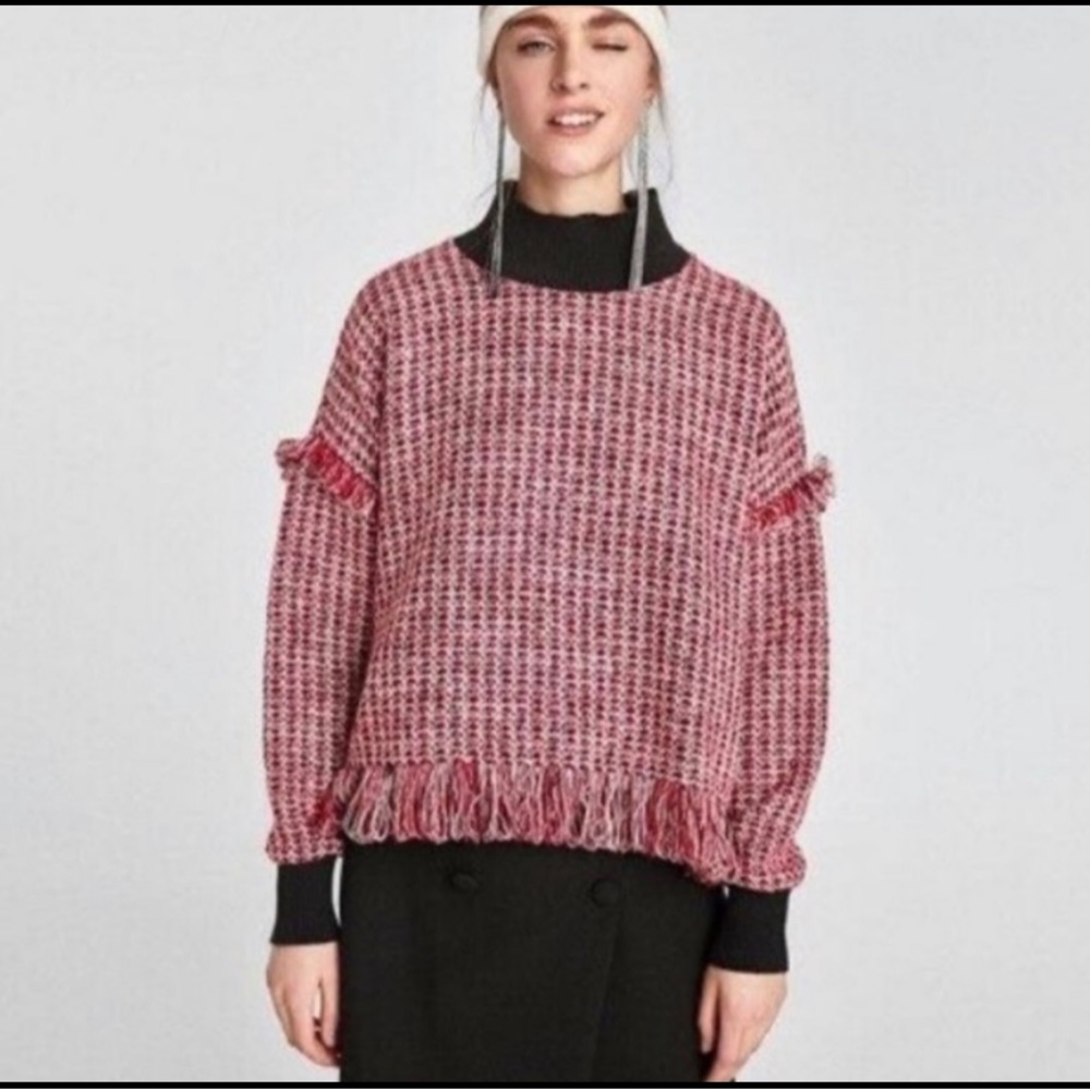 NWT Zara Red Tweed Fringe Knit Sweater